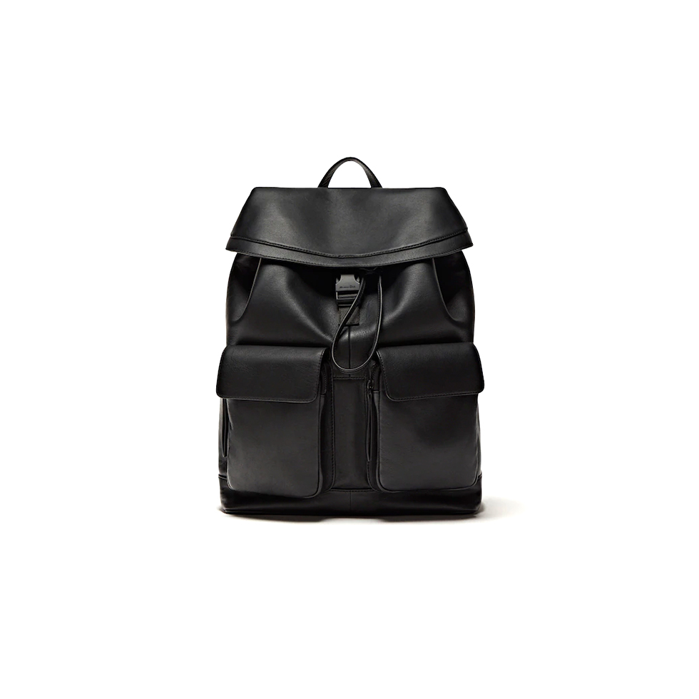 Black leather backpack with pockets